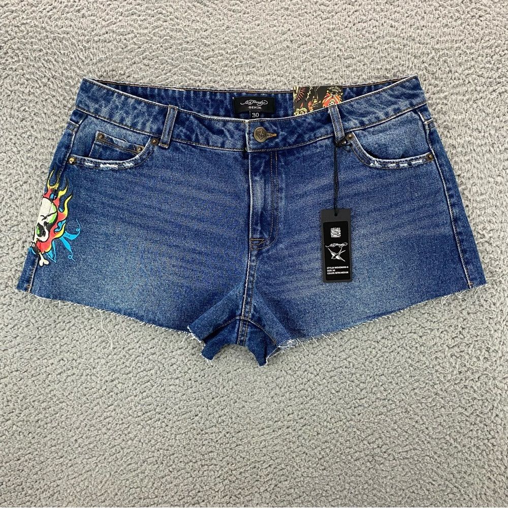 Ed Hardy Blue Denim Jean Shorts with Multicolor Graphic